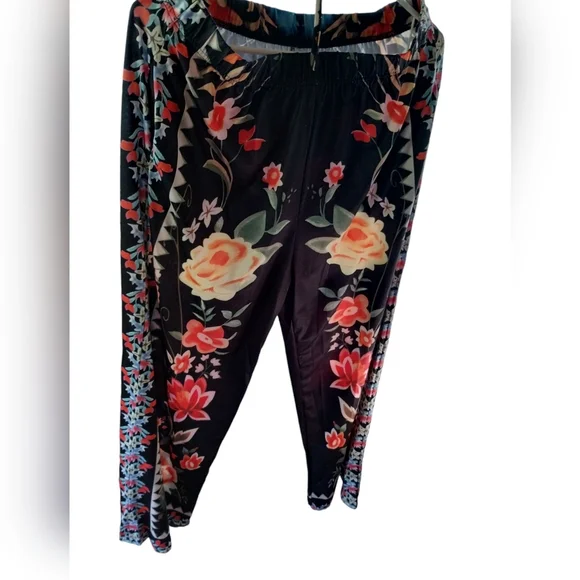 NWOT Palazzo Wide Leg Retro Colorful Floral Drawstring Pants - Picture 9 of 11